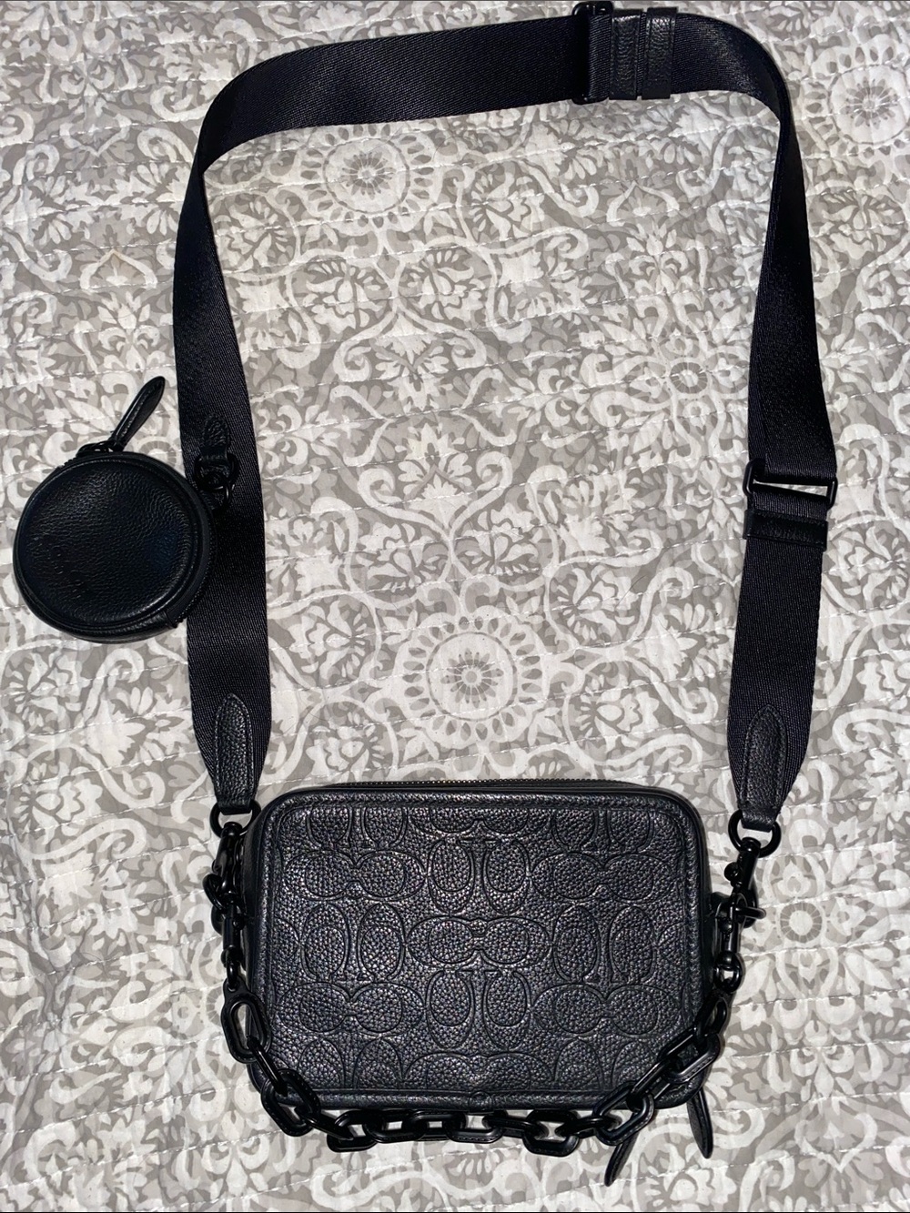Coach Black Embossed Leather Crossbody Bag with Coin Pouch